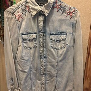 Cruel Girl Light Blue Button Down Shirt with Red Embroidery